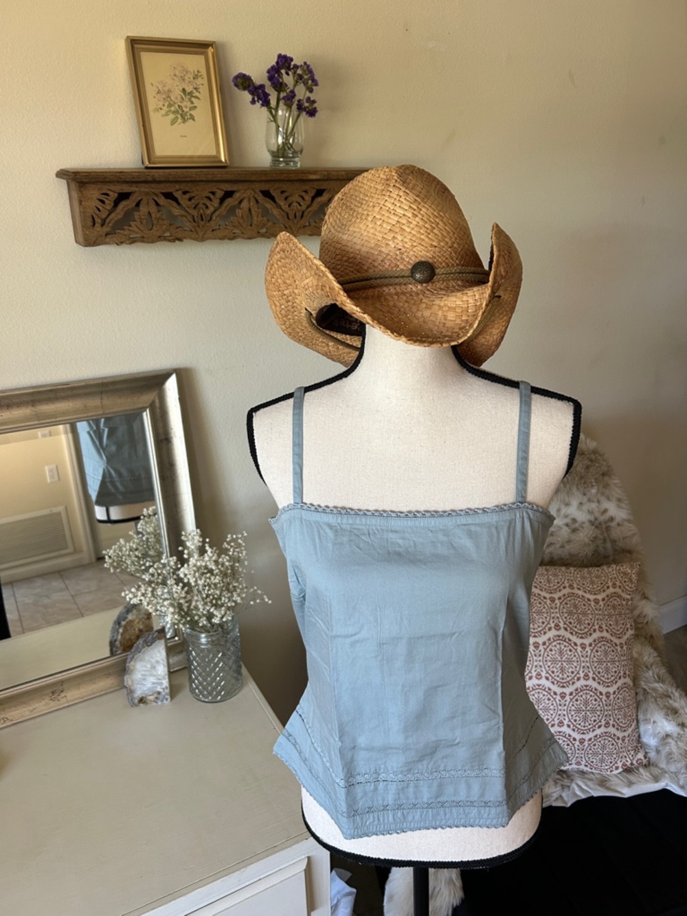 Vtg Y2K light blue crochet knit cotton cottage prairie western tank top S M
